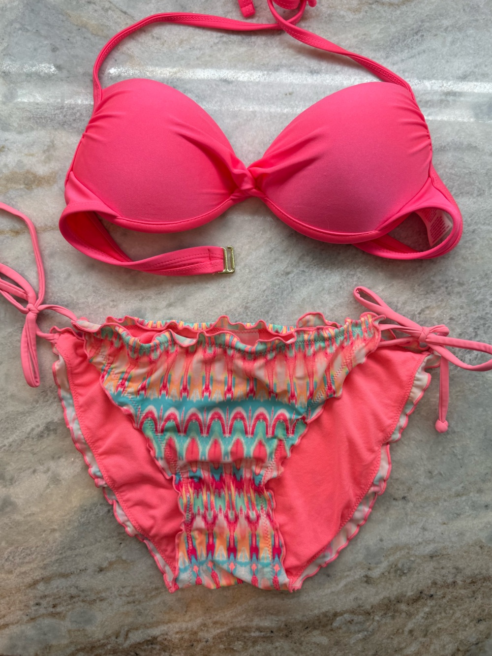 Xhilaration Neon Pink Bikini Set with Multicolor Ruffle Print